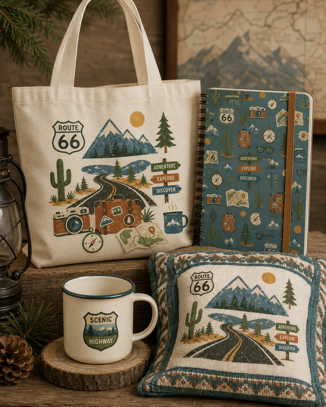Set of outdoor adventure-themed items including a tote bag, a notebook, a pillow, and a mug, all featuring mountain, road, and nature graphics with signs saying 'Route 66', 'Adventure', 'Explore', and 'Discover'.