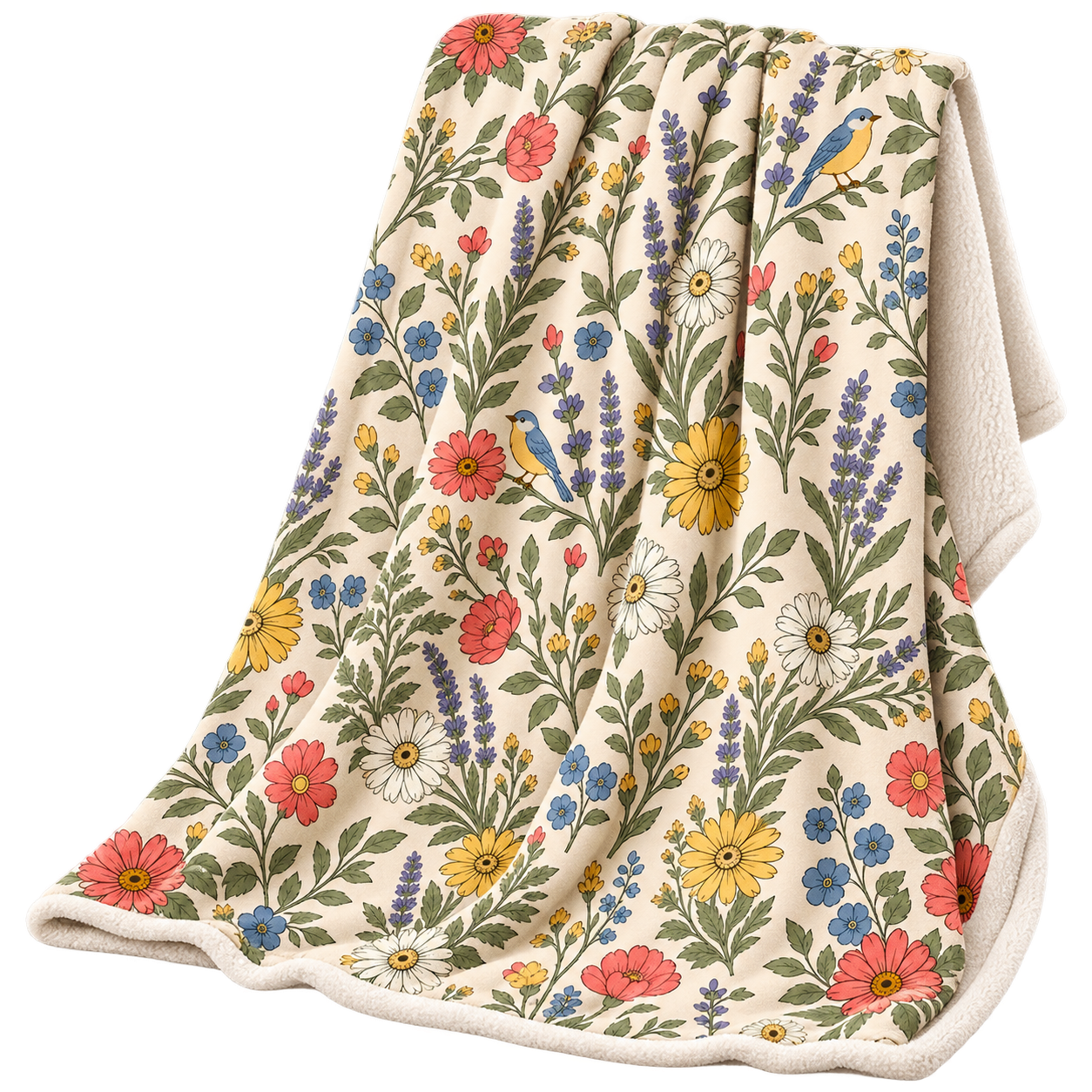 Blanket with a floral pattern featuring colorful flowers and birds, draped over a surface.