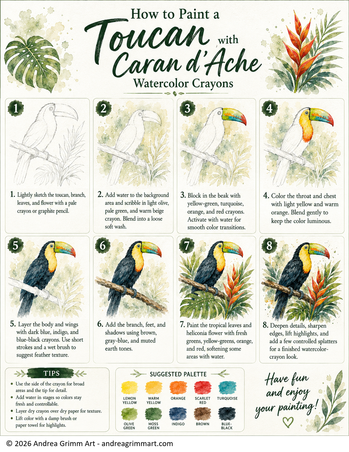 Step-by-step illustrated tutorial showing how to paint a tropical toucan with Caran d’Ache watercolor crayons.