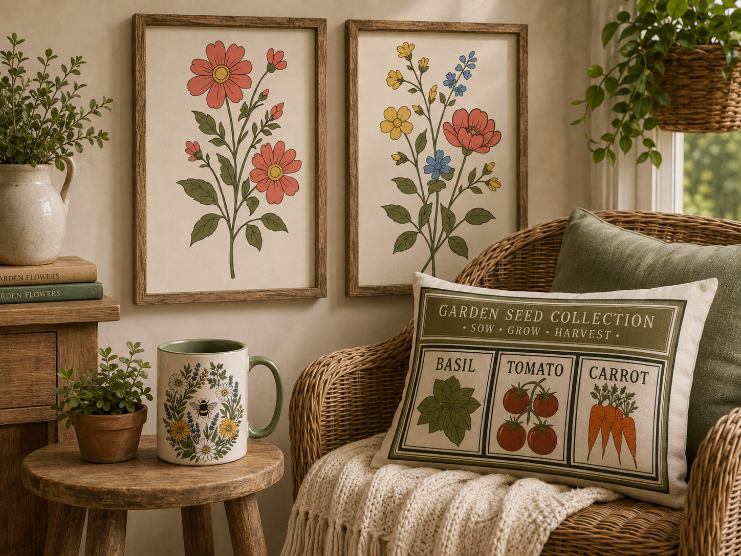 Interior of a cozy room with botanical wall art, a wicker chair with plaid cushions, a pillow featuring a seed collection for herbs, a small wooden table with potted plants and a decorative mug, and a wicker hanging planter with trailing greenery.