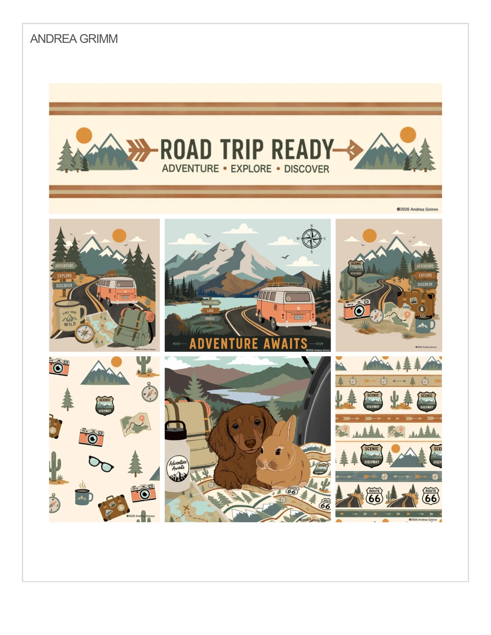 Set of vintage outdoor adventure-themed posters featuring mountainous landscapes, road signs, camping gear, animals, and Route 66 icons.