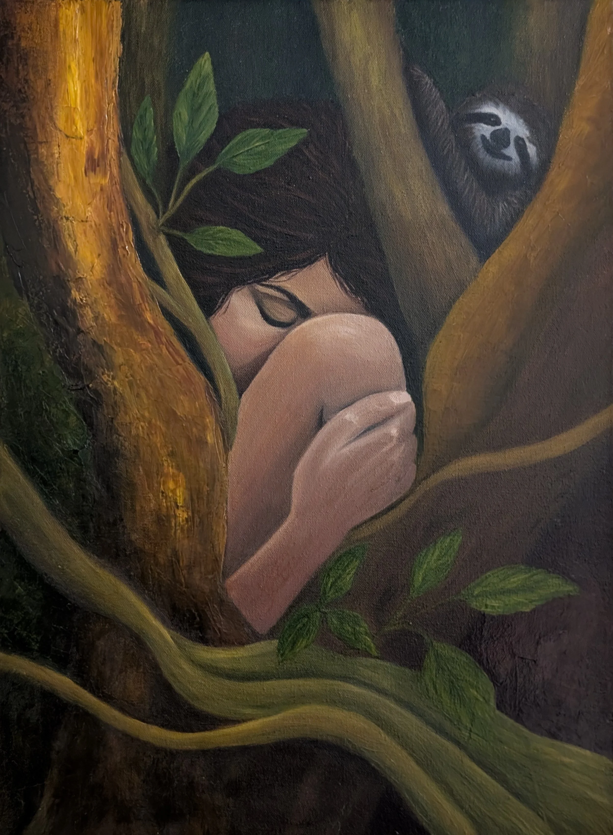 Close-up of a painting depicting a person with glasses and long dark hair, resting with eyes closed, surrounded by tree branches and green leaves.