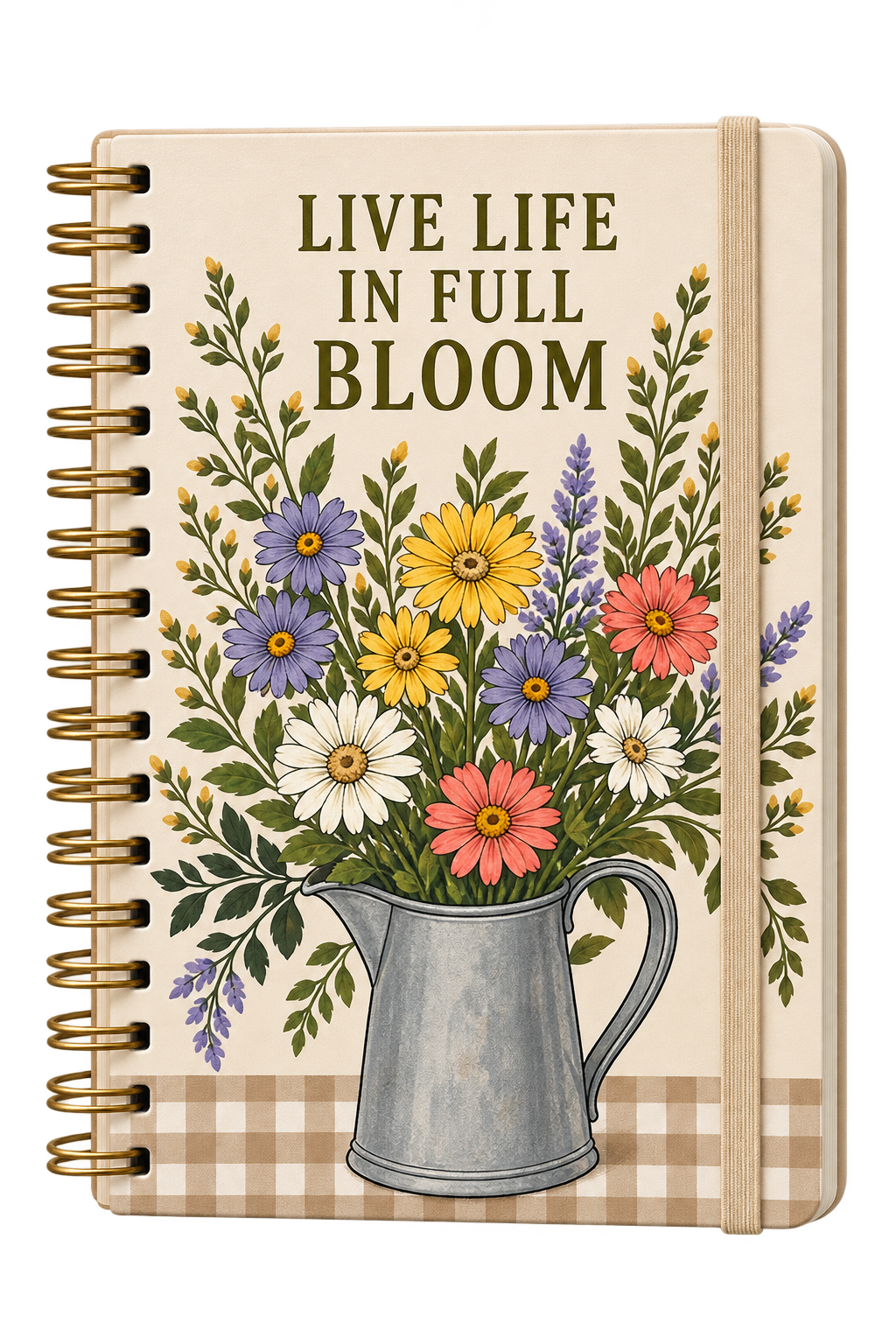 A spiral-bound notebook with a cover illustration of a bouquet of colorful flowers in a gray pitcher and the quote "Live Life in Full Bloom" at the top.