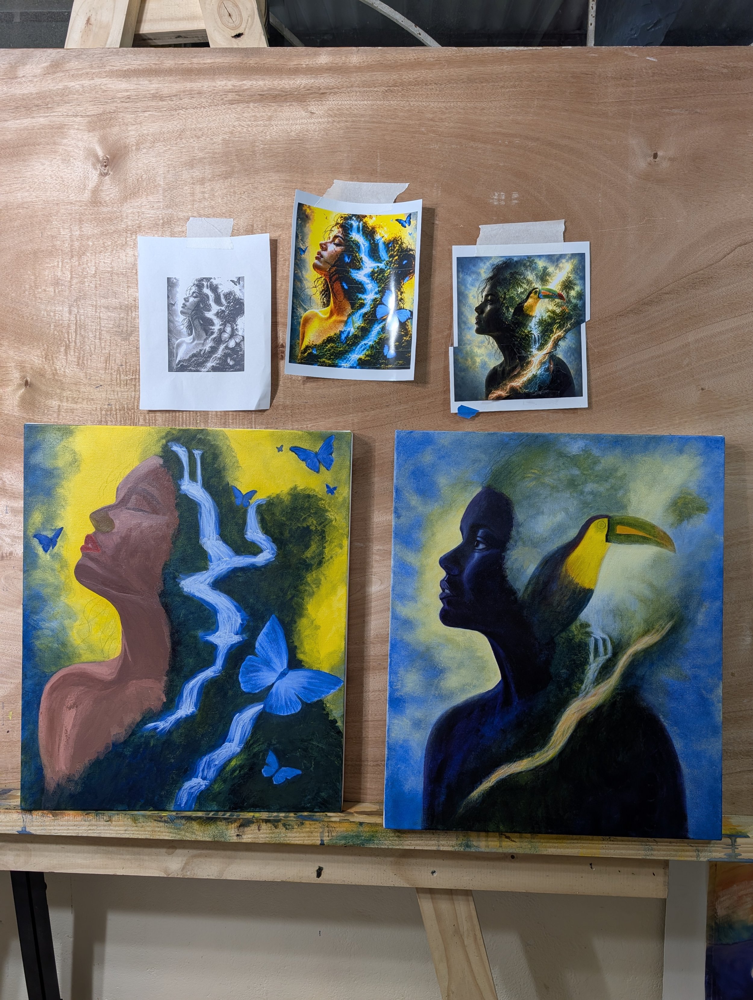 Two paintings in progress from the Expression series on the wall easel.