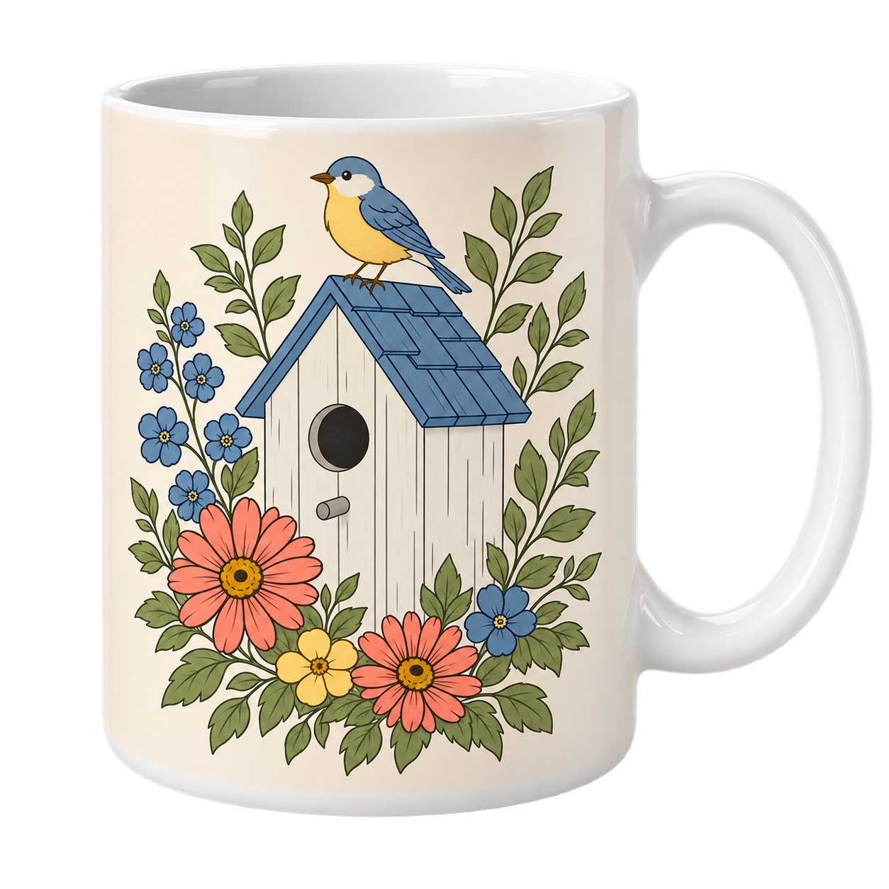 White ceramic mug with a colorful illustration of a birdhouse surrounded by pink, yellow, and blue flowers and green leaves, with a blue and white bird perched on top.