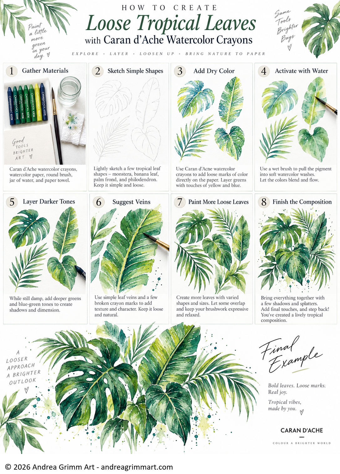 Step-by-step tutorial showing how to paint loose tropical leaves with Caran d’Ache watercolor crayons.