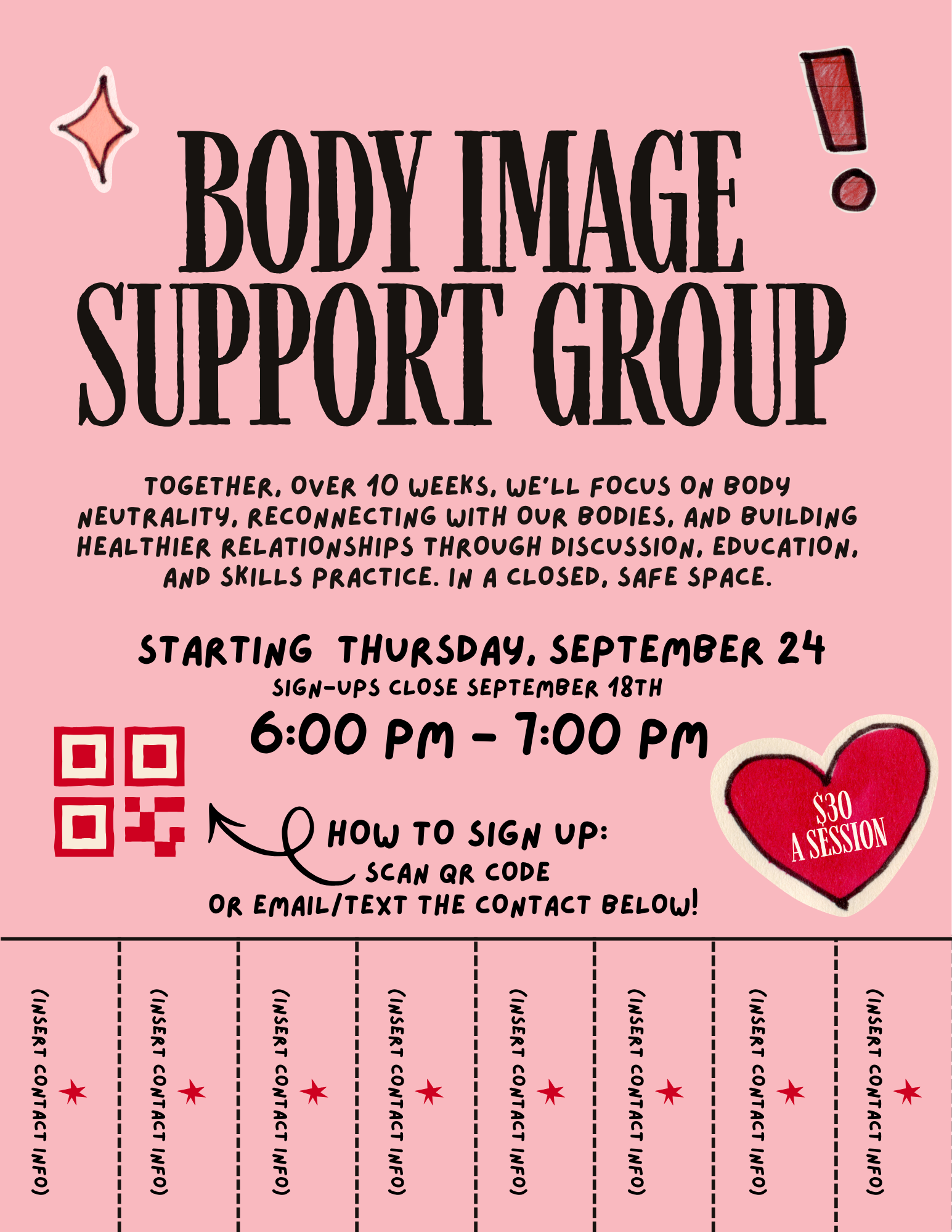 Event poster for a Body Image Support Group with pink background, black text, decorative hearts and stars, and a QR code for sign-up.