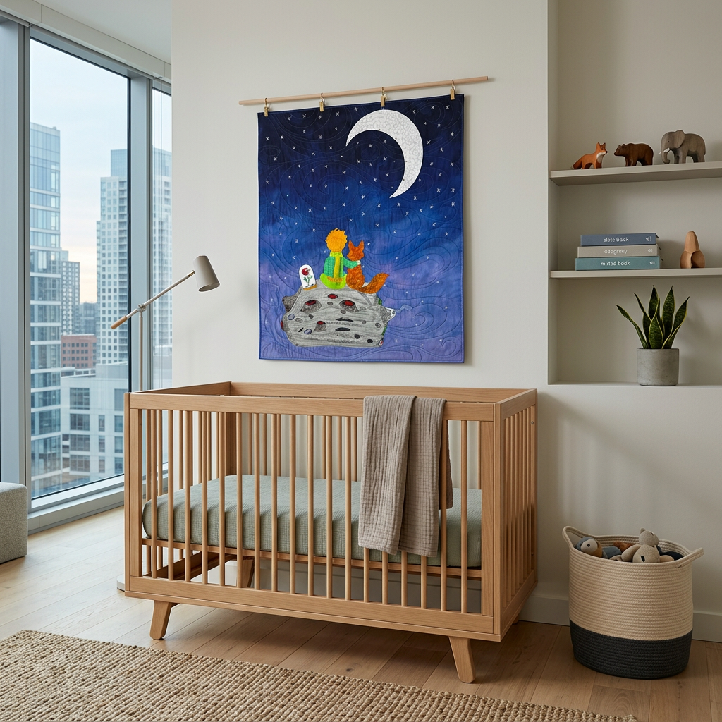 A nursery with a wooden crib, a cosmic-themed wall hanging with a girl and fox on a moon, city skyscrapers outside the window, a basket of toys, a potted plant, and books on floating shelves.