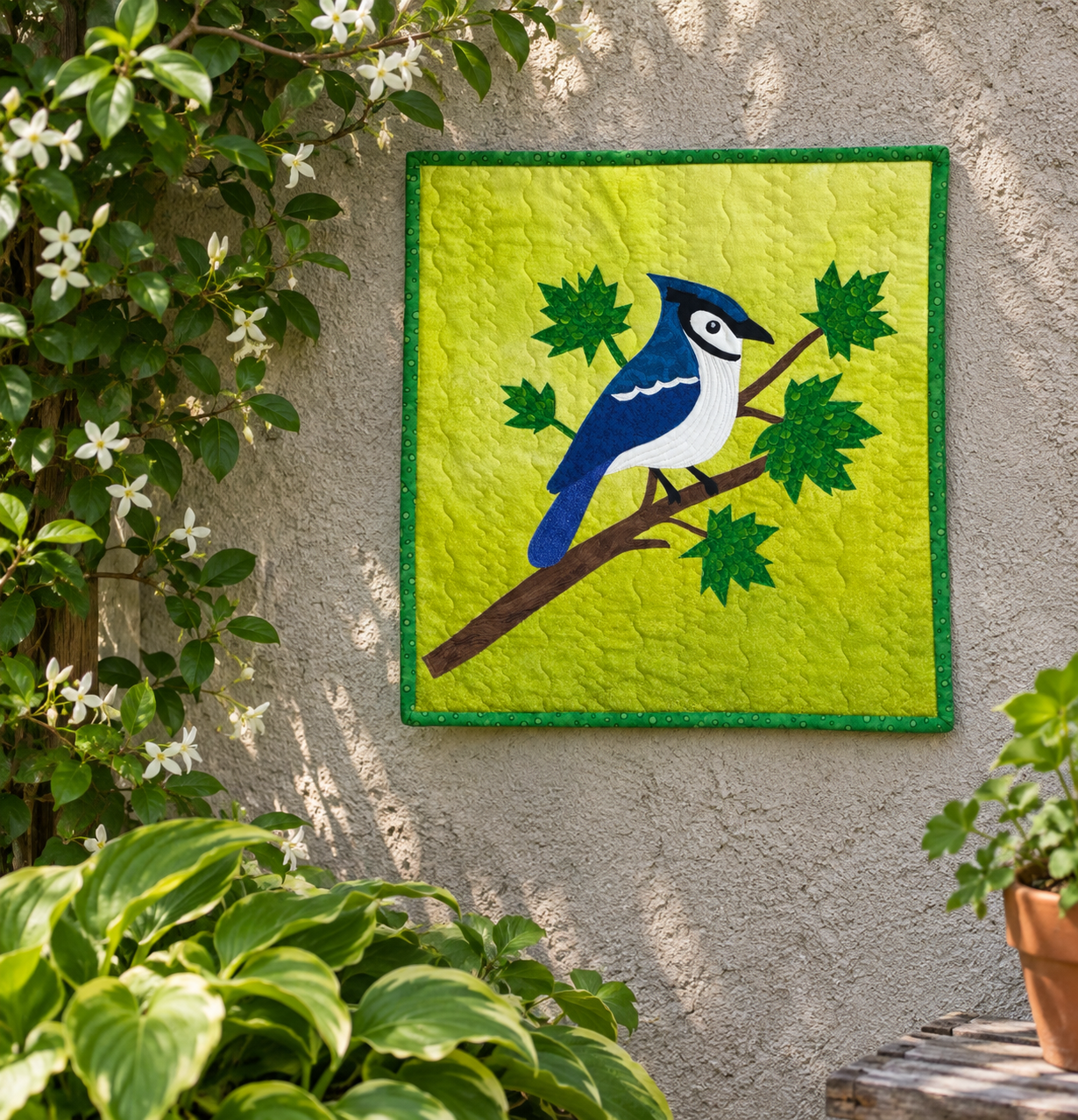 A quilted wall hanging of a blue jay perched on a tree branch with green leaves, mounted on a textured beige wall surrounded by green plants and white flowers.