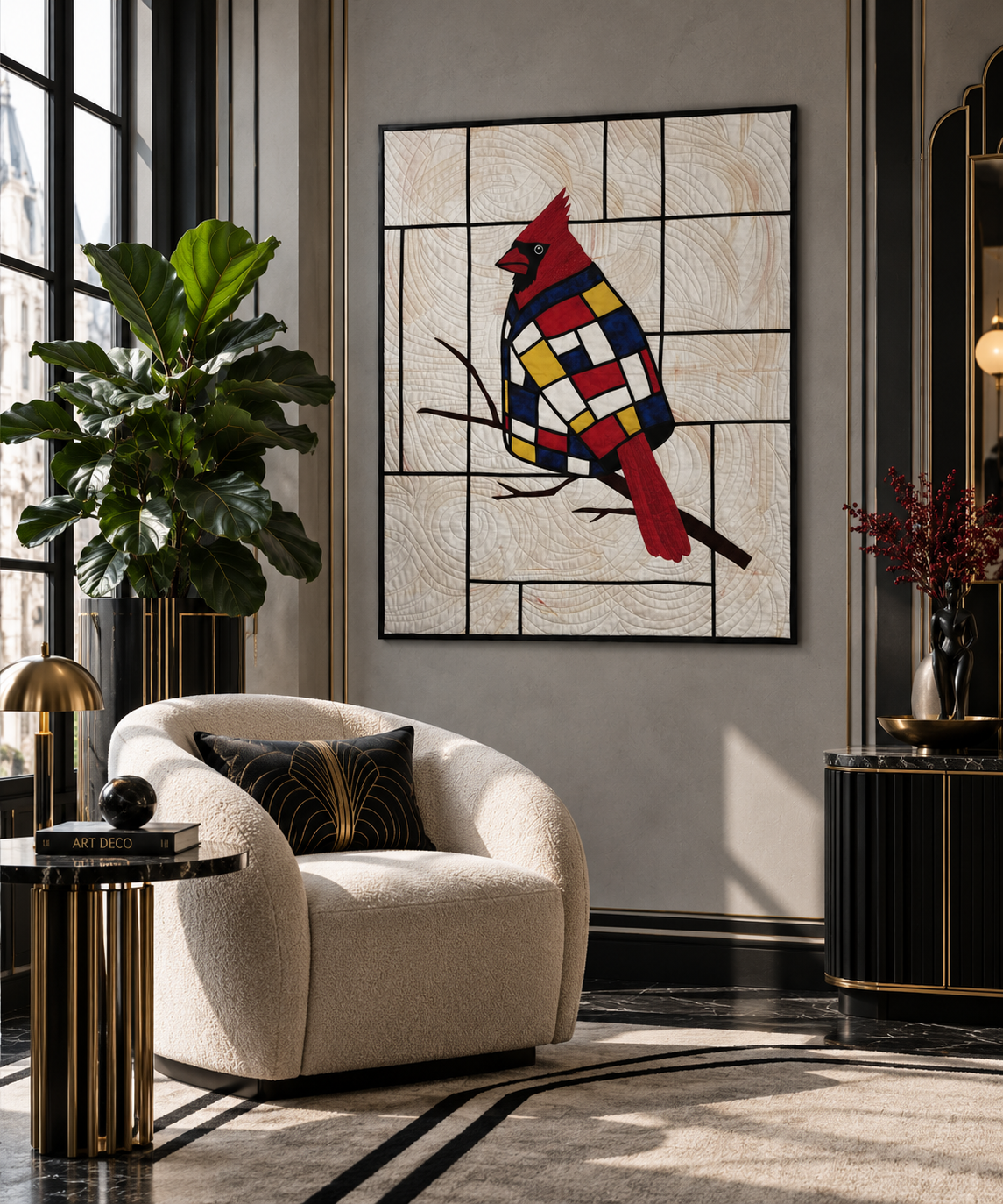 Modern living room with a beige curved armchair, a black and gold side table with a black book titled 'Art Deco' and a black decorative sphere, a tall green plant in a black pot, a black and gold cabinet with a red vase holding red berries, large windows, and a colorful Cardinal bird artwork on the wall.