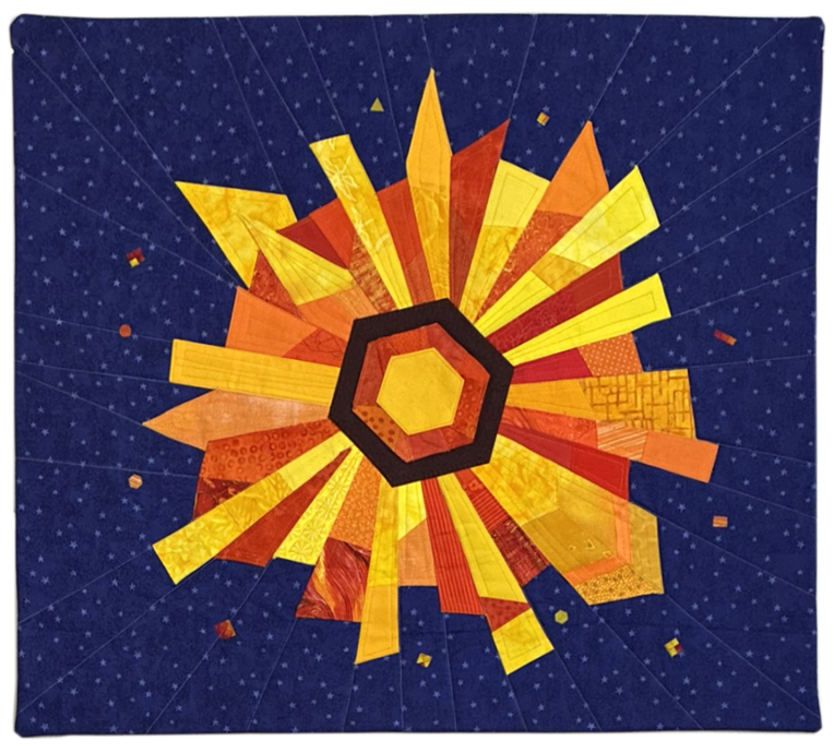 Abstract artwork with yellow, orange, and red geometric shapes on a dark blue background with small white star-like dots.