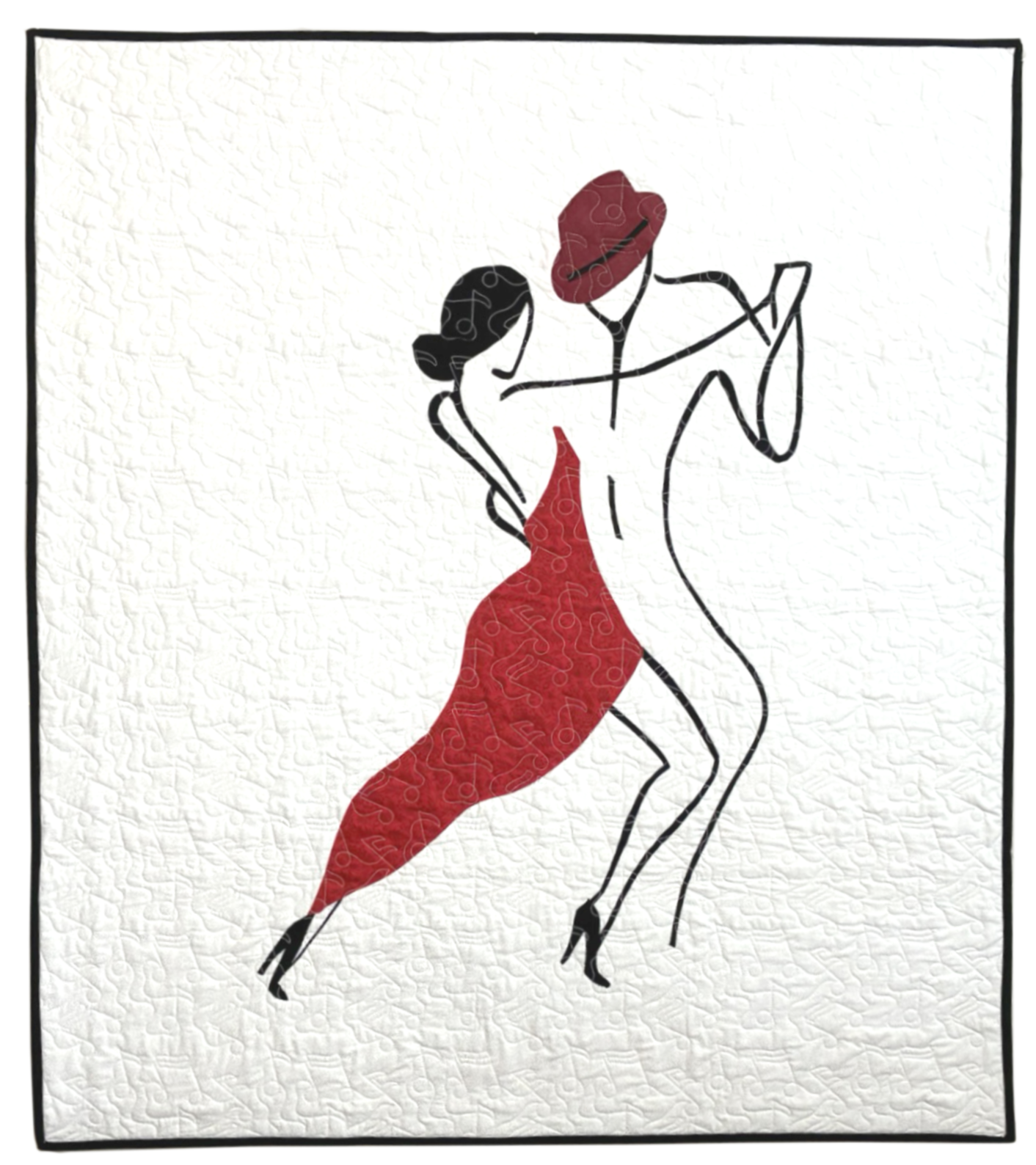 Line drawing of a man and woman dancing, with the woman wearing a red dress and the man wearing a cowboy hat and black pants, both in high heels.