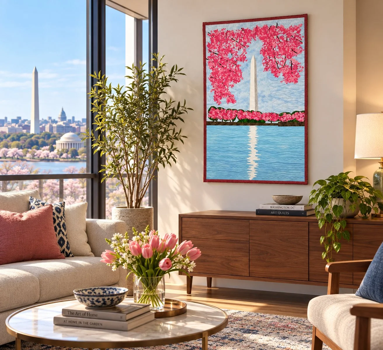A living room with a large window showing Washington, D.C. landmarks including the Washington Monument and Lincoln Memorial. Inside, there's a beige sofa with colorful pillows, a marble coffee table with books and a vase of pink tulips, a wooden sideboard with potted plants and a stack of books, a modern lamp, and a large artwork of the Washington Monument with pink cherry blossoms hanging on the wall.