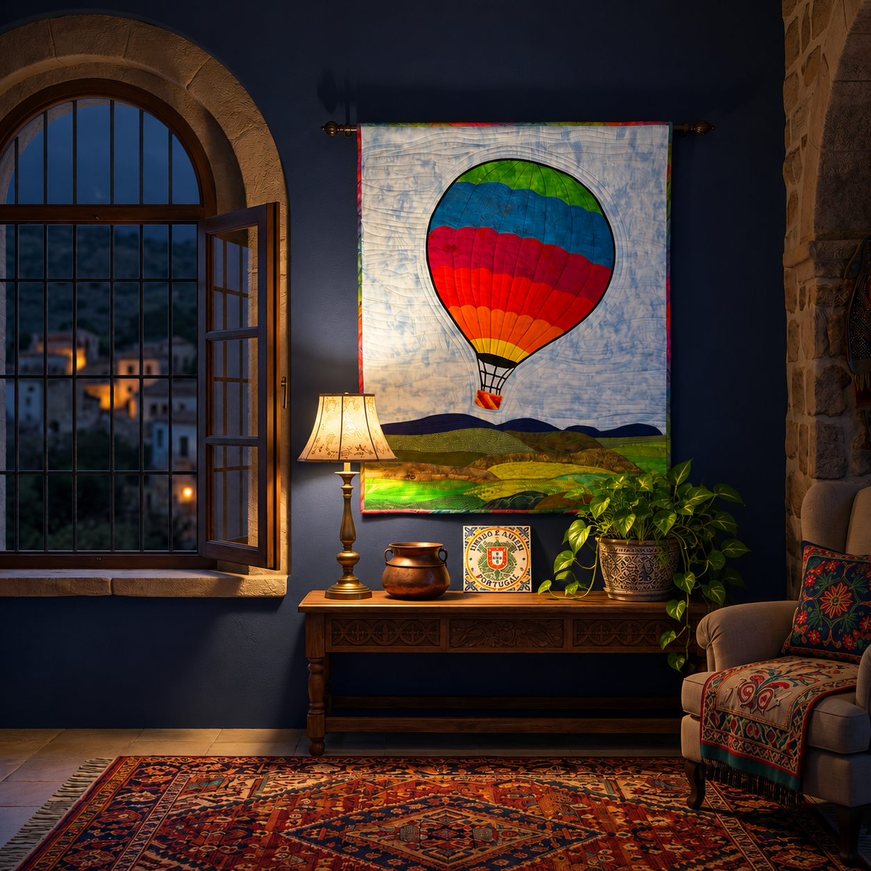 Interior scene with a wooden table, a potted plant, a lamp, and a quilted tapestry of a hot air balloon hanging on a dark blue wall. An open window shows a nighttime view of a hillside town with lit houses.