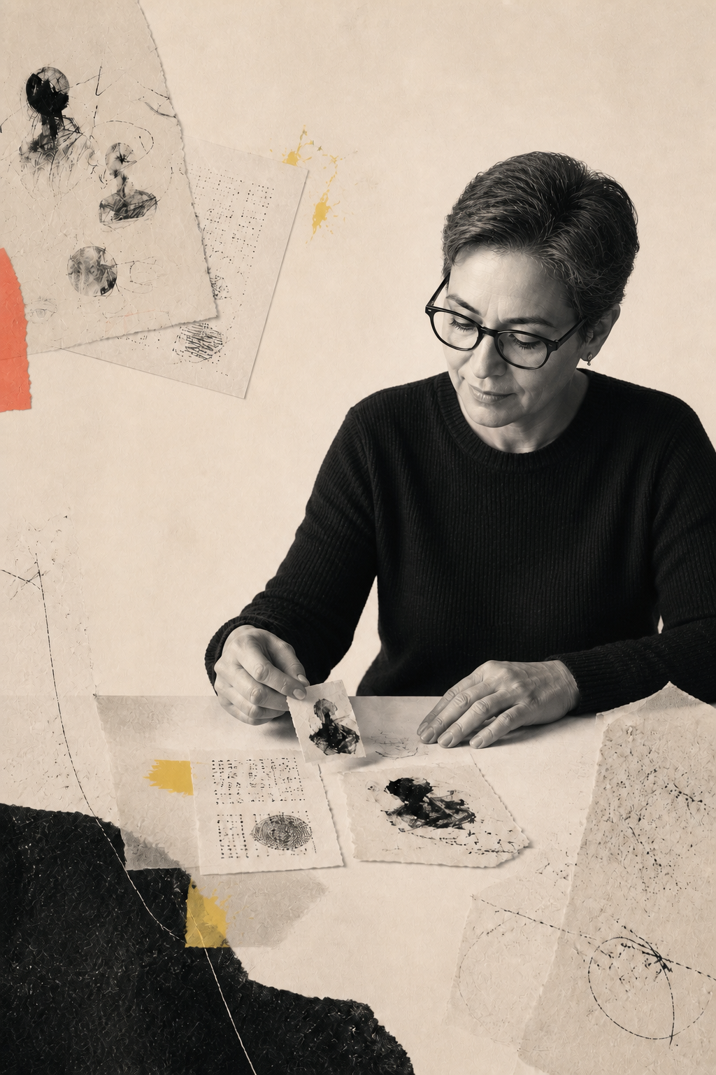 A woman with short hair and glasses sitting at a desk, holding a small piece of paper, surrounded by torn paper and artwork.