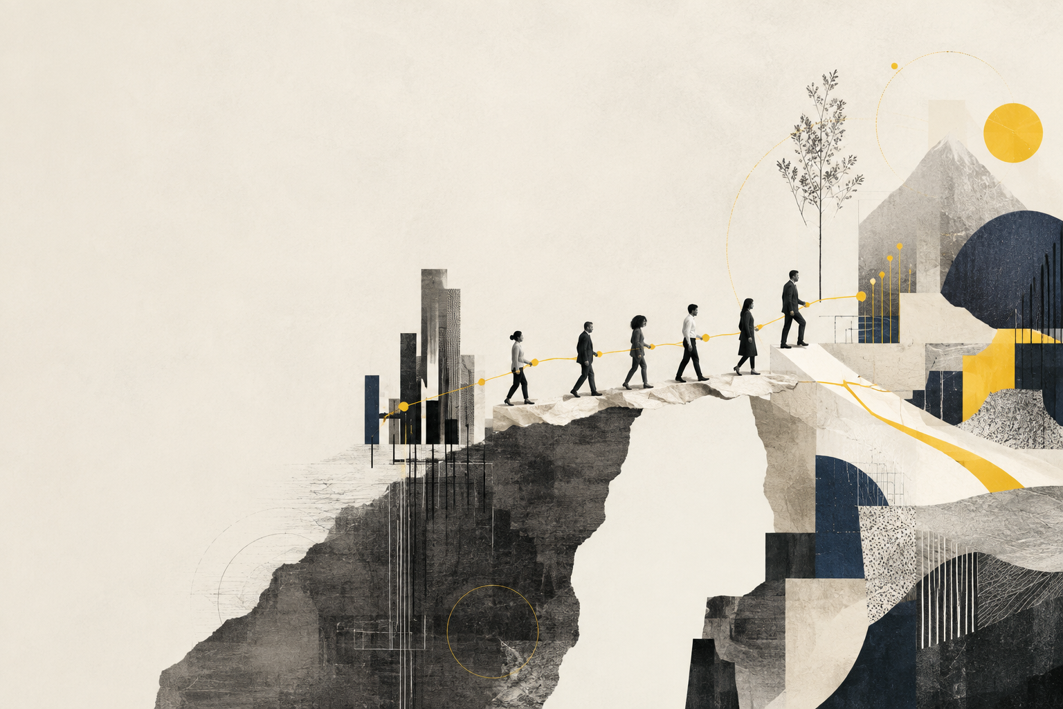 Illustration of people walking along a pathway connecting different levels of a mountainous landscape, symbolizing progress and growth.