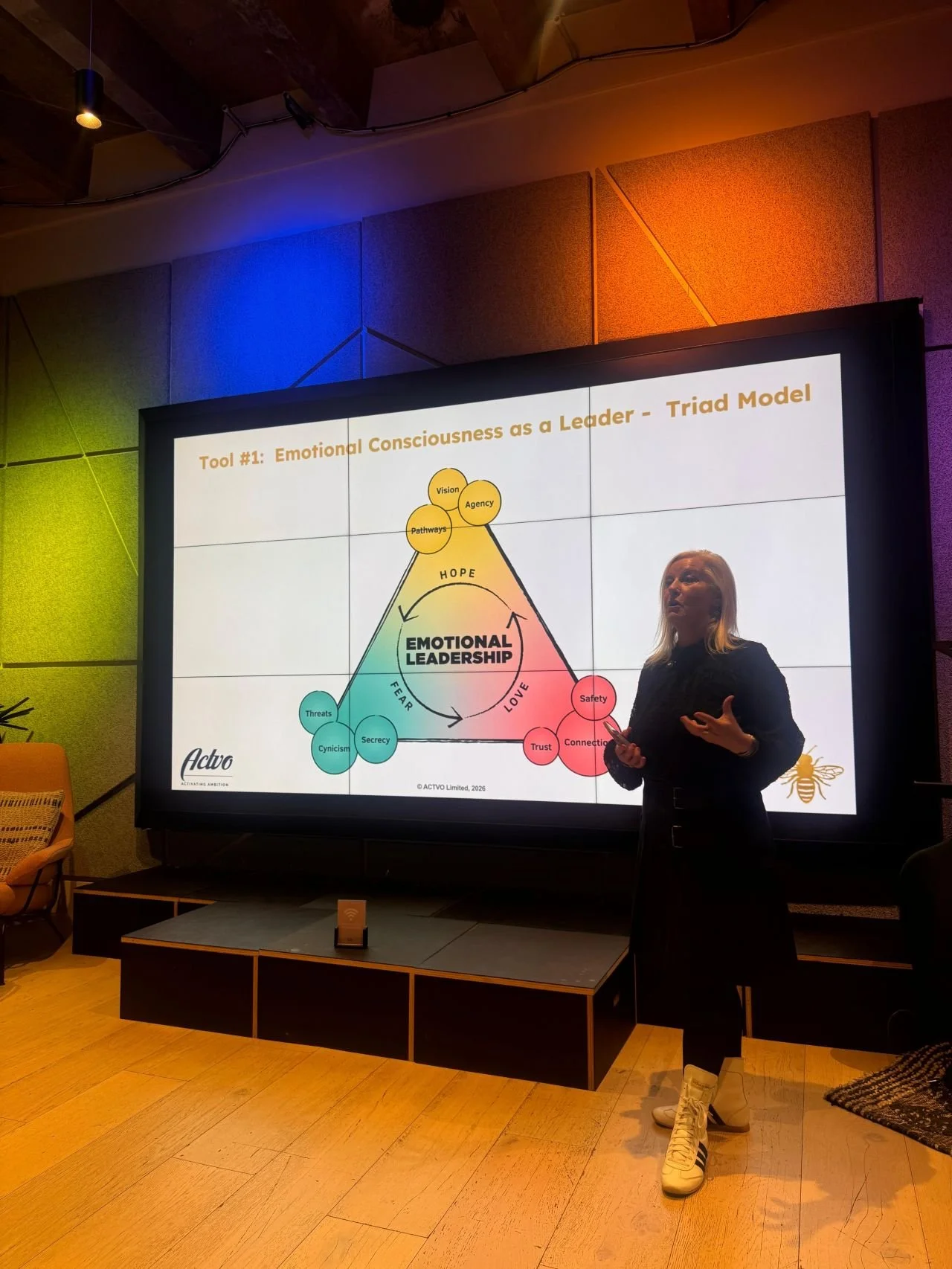A woman giving a presentation on emotional consciousness and leadership, standing near a large screen displaying a triangular diagram with elements like hope, fear, love, and safety, in a colorful room with multicolored lights and purple wall panels.