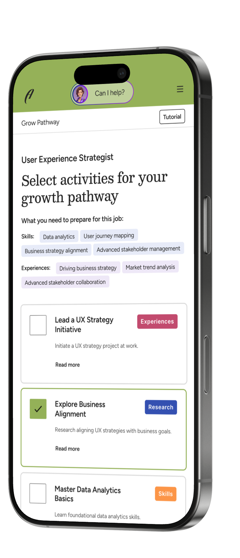 Smartphone screen displaying a professional development app titled 'Grow Pathway,' with options to select activities like leading a UX strategy initiative, exploring business alignment, and mastering data analytics basics.