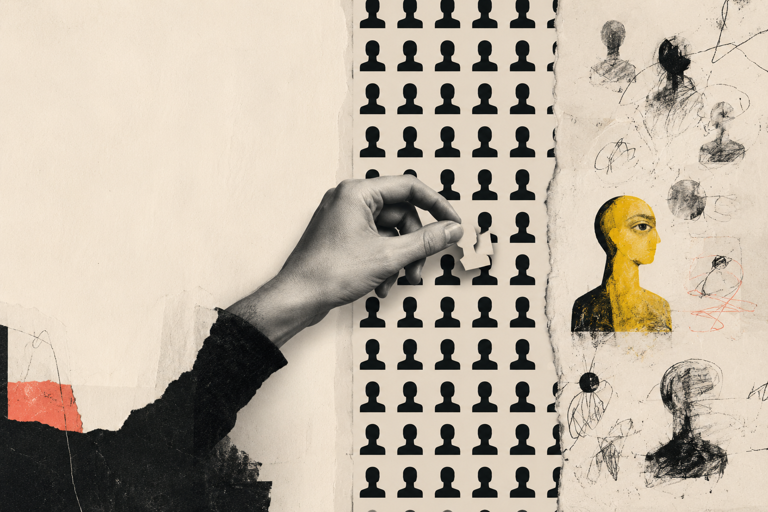 A hand placing a cutout of a person into a lineup of black silhouette profiles, with sketches of women and abstract scribbles on an adjacent wall.