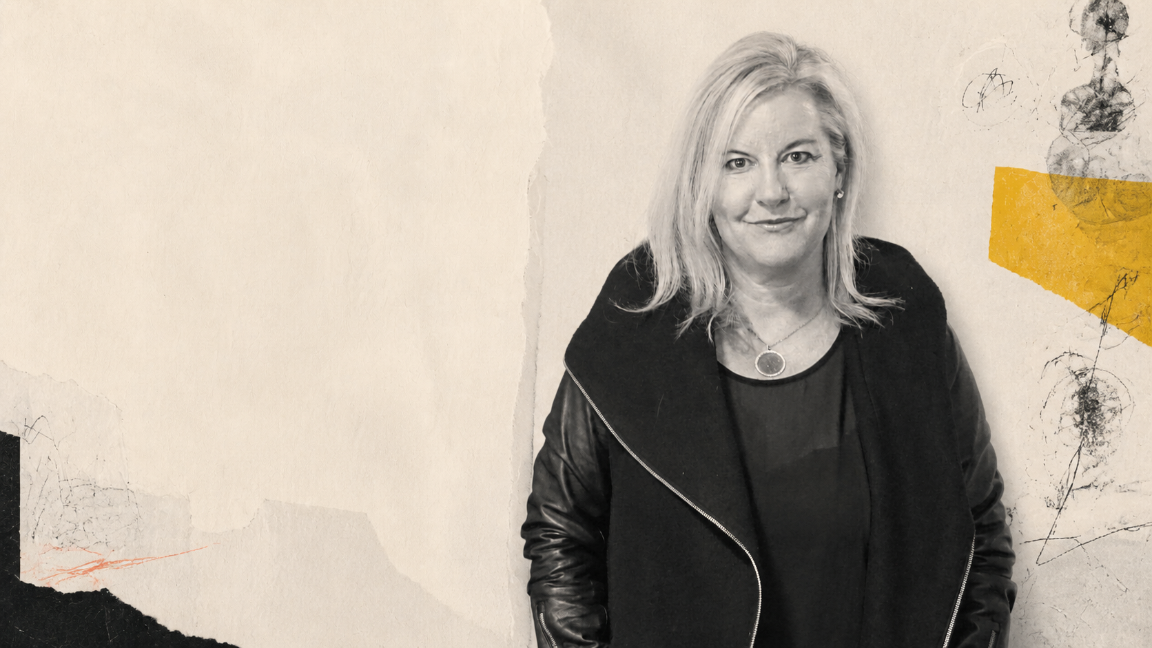 A woman with shoulder-length blonde hair, wearing a black jacket and a necklace, standing against an abstract textured background with torn paper edges, black and yellow accents, and artistic scribbles.