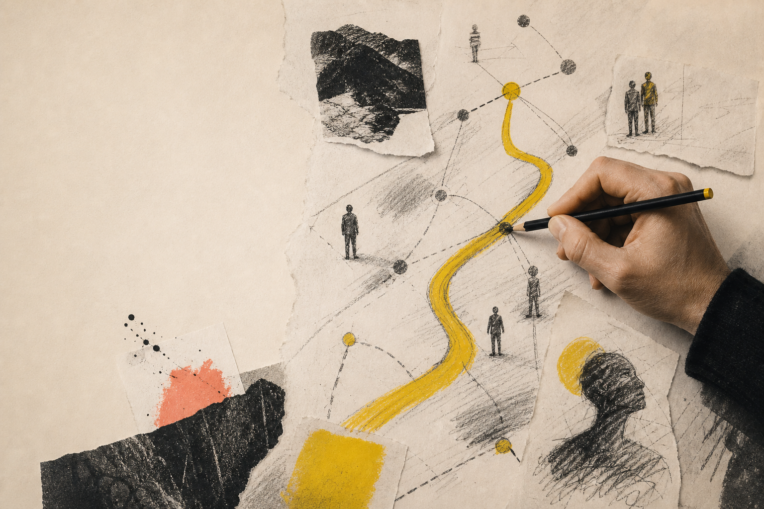 A person draws a yellow winding path connecting various sketches and photos on paper, including silhouettes of people, a mountain landscape, and abstract diagrams.