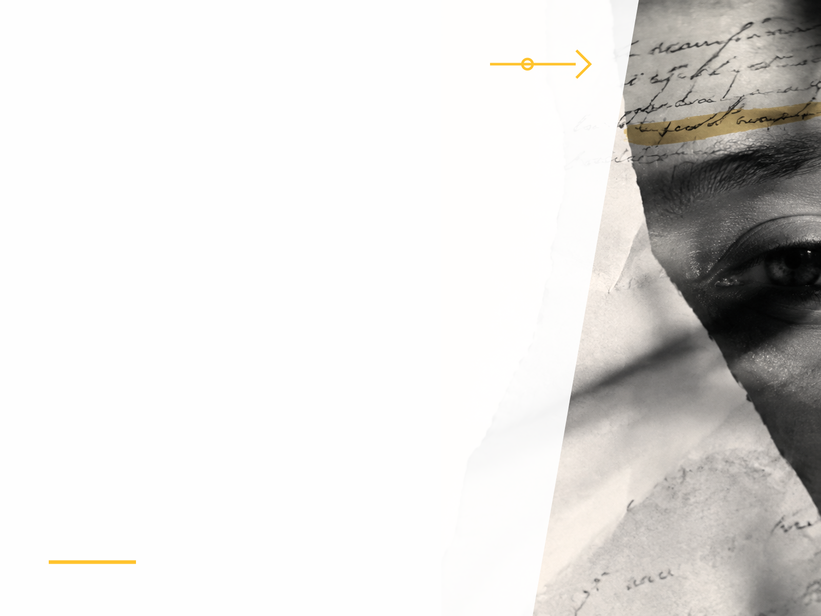 Close-up of a person's face with handwritten text overlay and collage elements in black, white, and yellow.