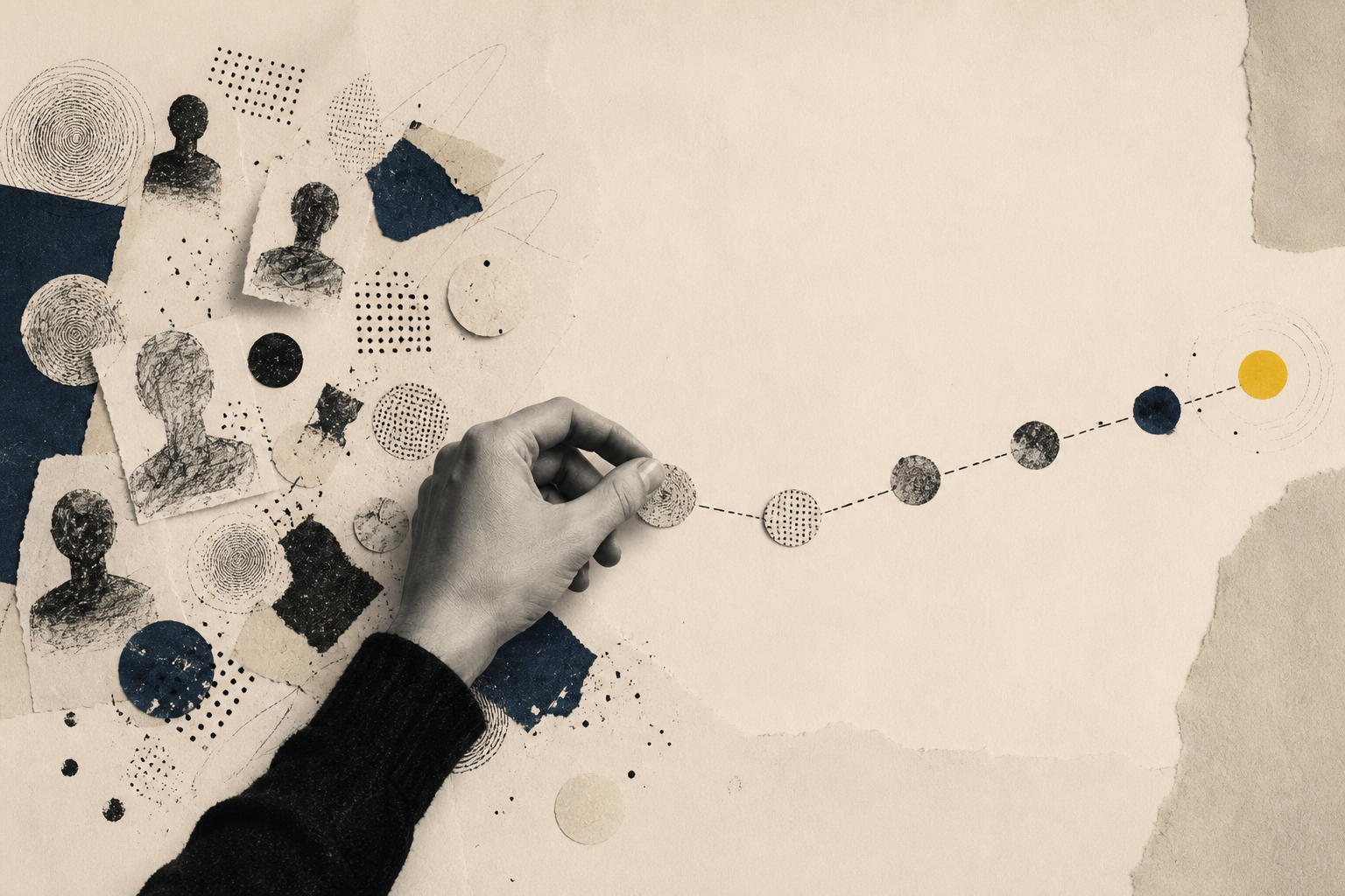 A hand placing a textured circle onto a line of similar circles, with collage of sketches of human profiles and abstract patterns in the background.