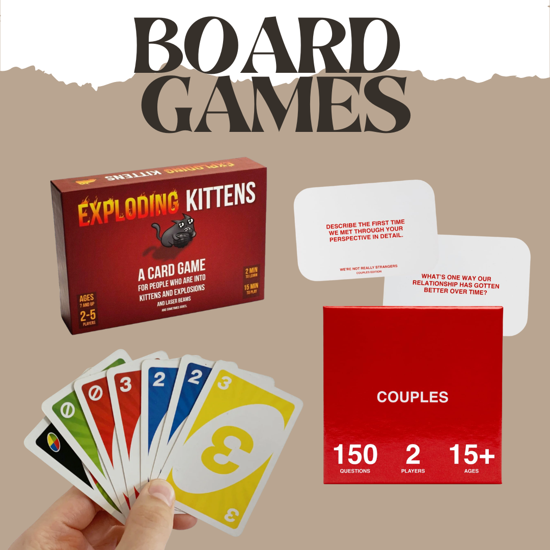 A collection of board game components including a deck of Uno cards, and two question cards from the 'Exploding Kittens' game, along with their box, and red cards for the 'Couples' game.