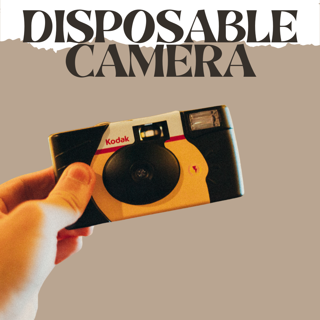 A hand holding a vintage Kodak disposable camera with a yellow and black design, against a split background with the text 'DISPOSABLE CAMERA'.