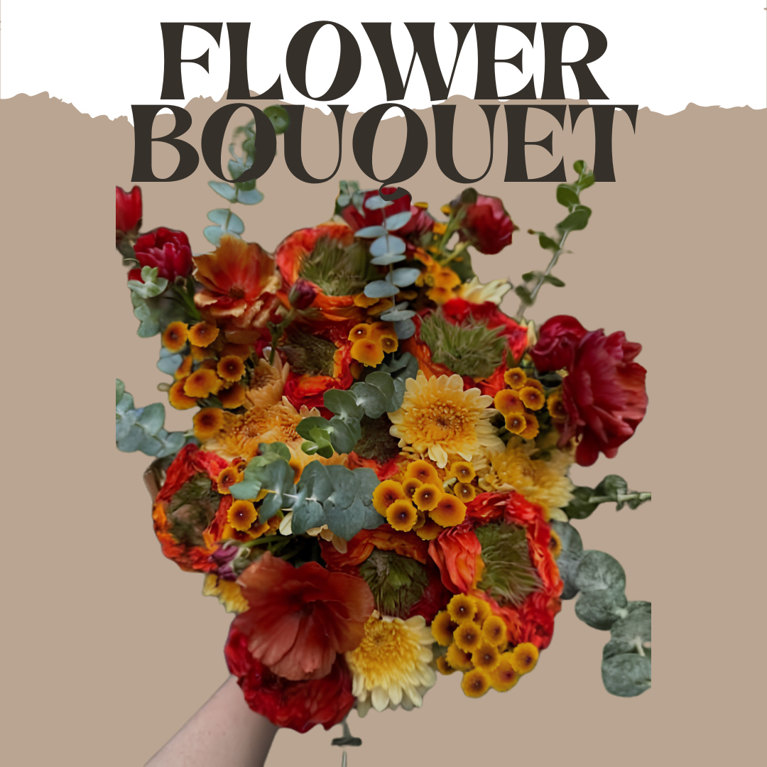 A person's hand holding a colorful bouquet of flowers with red, orange, and yellow blossoms, along with green foliage, against a split beige background with torn paper edges and the text 'Flower Bouquet' at the top.