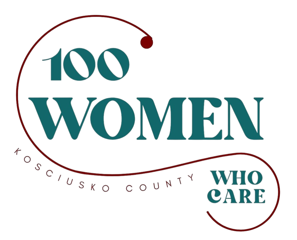 Logo for 100 Women of Kosciusko County with a red curved line and the organization's name, emphasizing support and care for women.