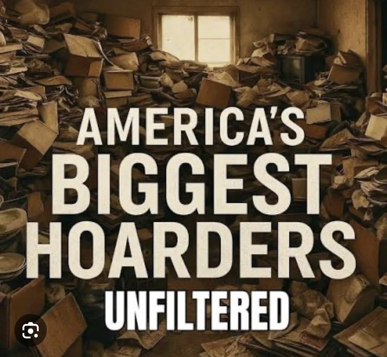 A cluttered room filled with piles of old papers, files, and boxes, with a window in the background, overlaid with bold text reading 'America's Biggest Hoarders Unfiltered'.