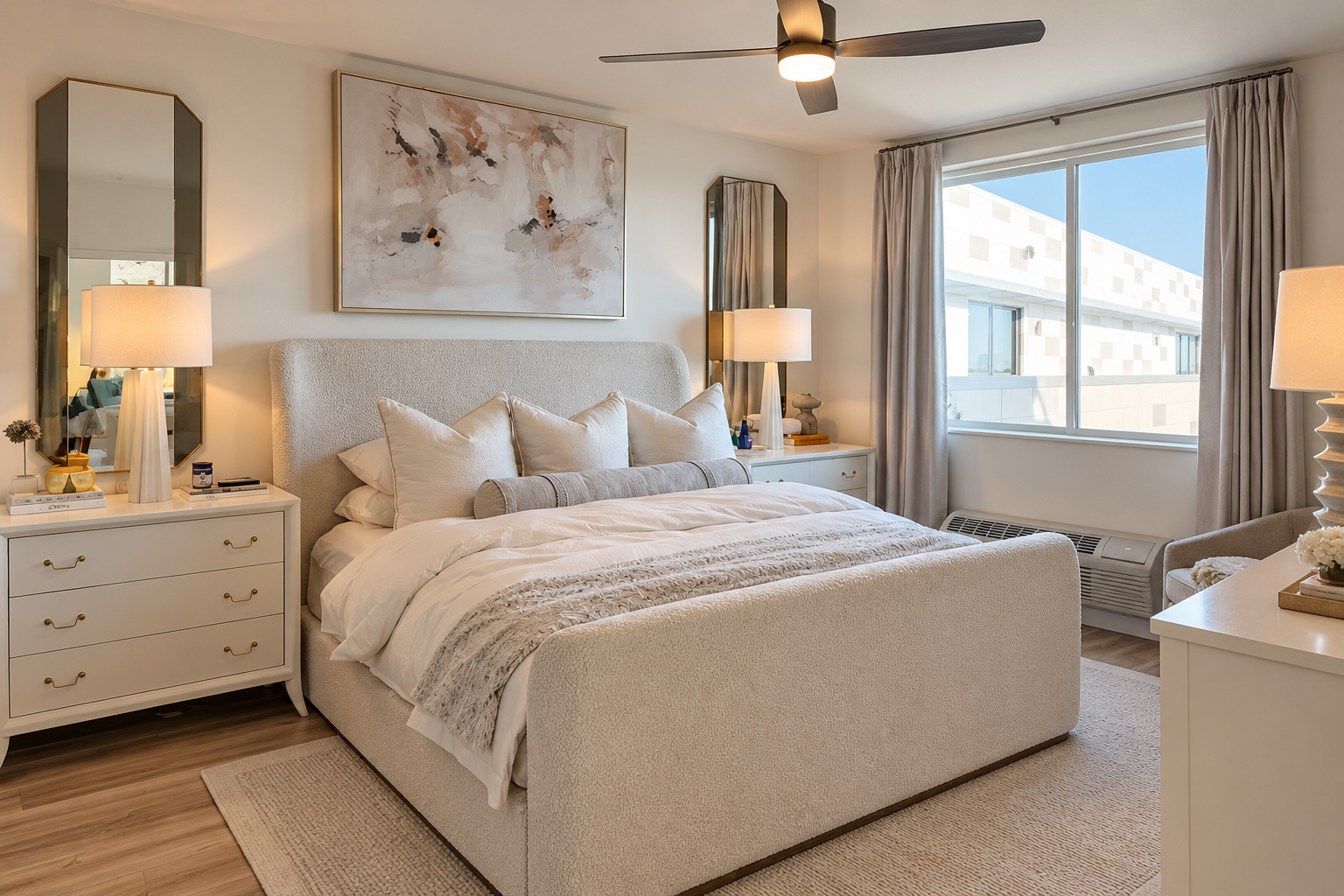 A cozy bedroom with a large bed, white bedding, pillows, and a textured headboard. There are two nightstands with lamps, a window with beige curtains, a ceiling fan, and abstract artwork above the bed.