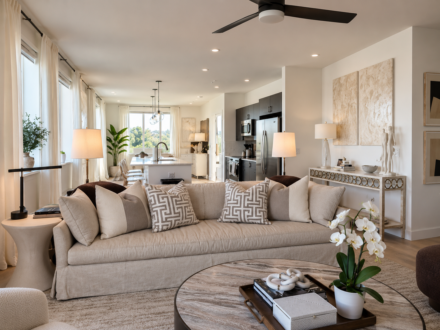 Living room with sectional sofa and skyline view, The Greenville Residence by DY Interiors