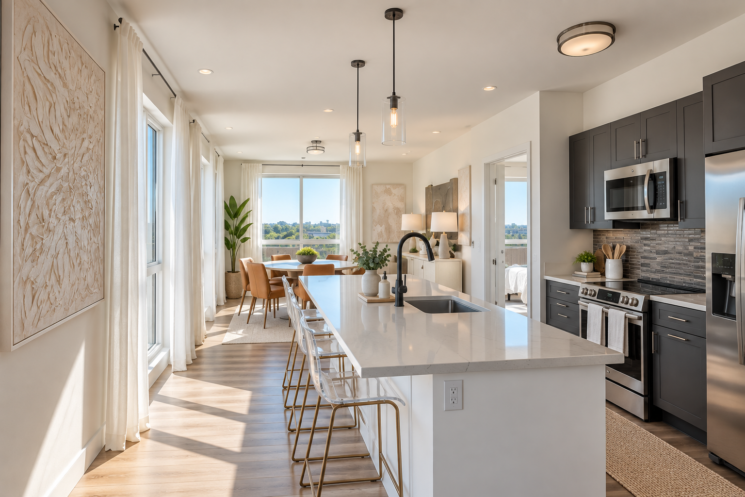 Bright modern kitchen with a white island, black sink faucet, dark gray cabinets, stainless steel appliances, and a dining area with a round table and tan chairs by large windows with white curtains.