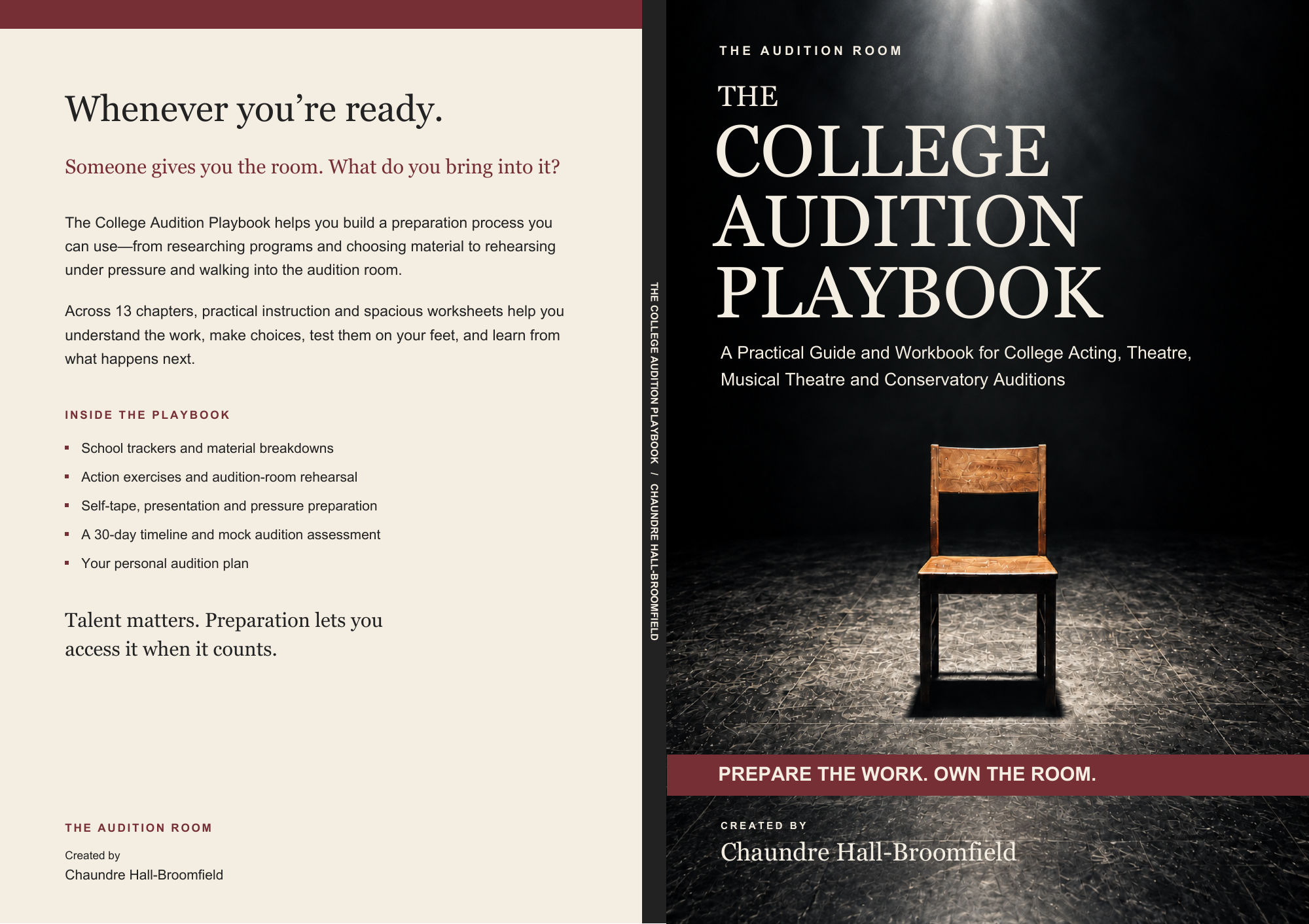 Front and back covers of The College Audition Playbook by Chaundre Hall-Broomfield, expanded physical workbook edition