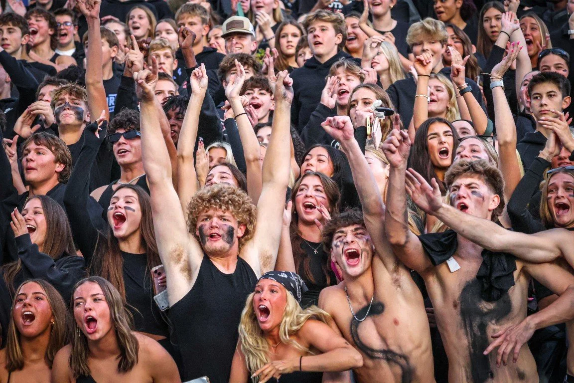 Large group of young people cheering, singing, and celebrating at a sports event or concert, with some wearing face paint and costumes.