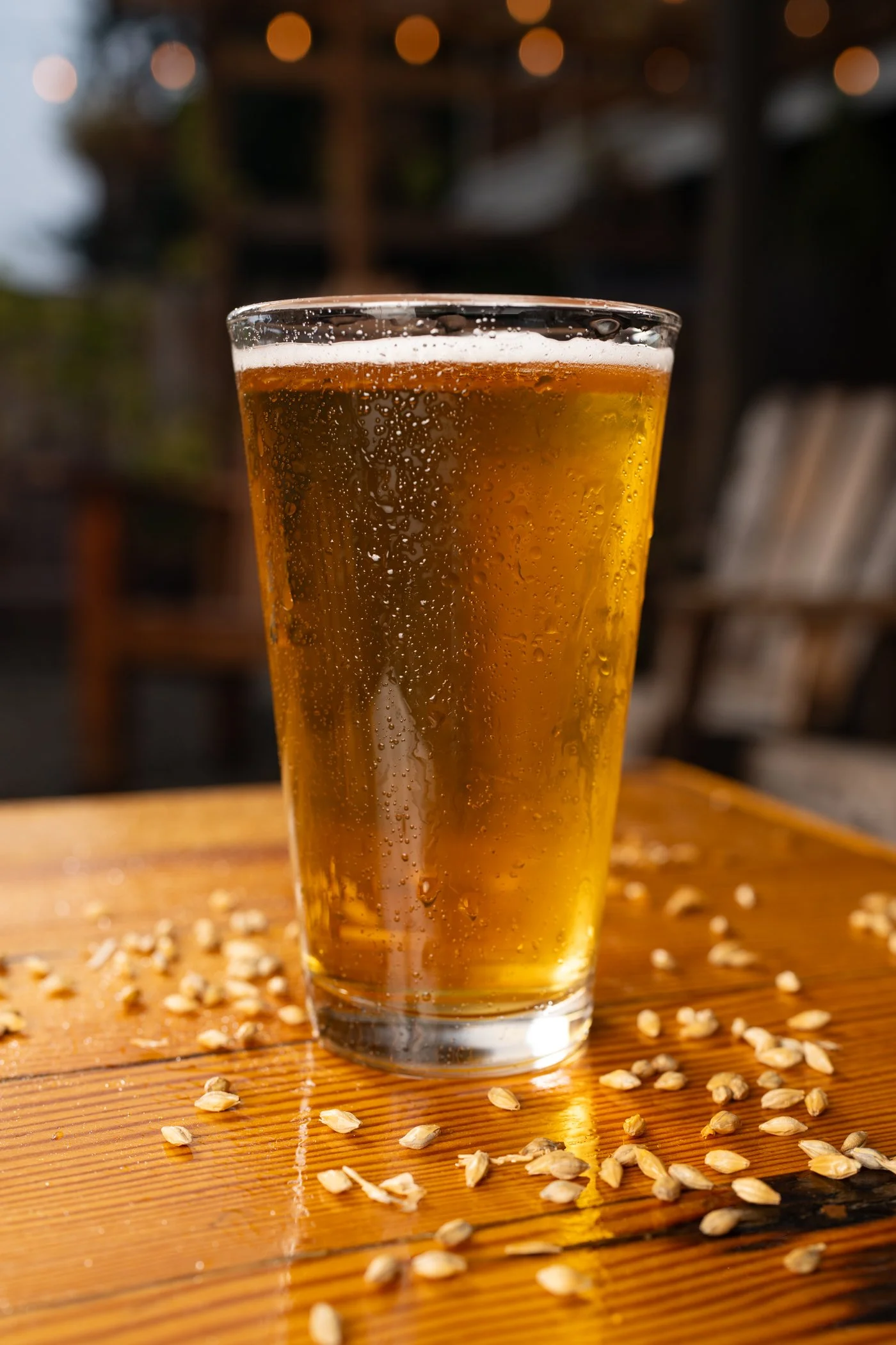 A glass of beer with condensation on the outside, placed on a wooden surface with scattered oats, background of blurred lights and wood structure.
