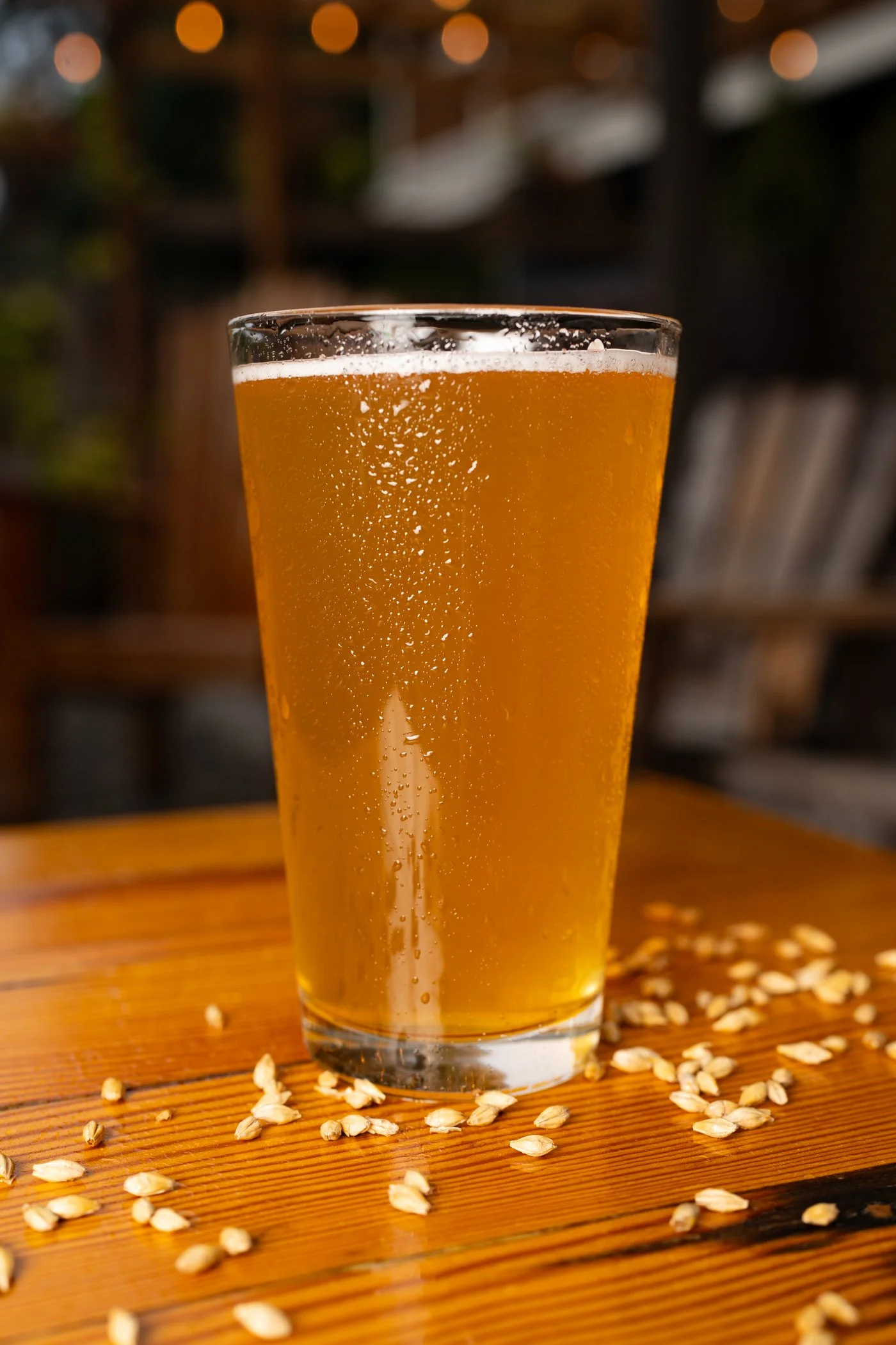 Close-up of a glass of beer on a wooden surface, with scattered oats around it and a blurred outdoor background.