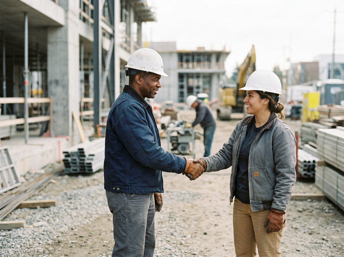 Construction workers shaking hands on site with buildings and construction equipment in background.
