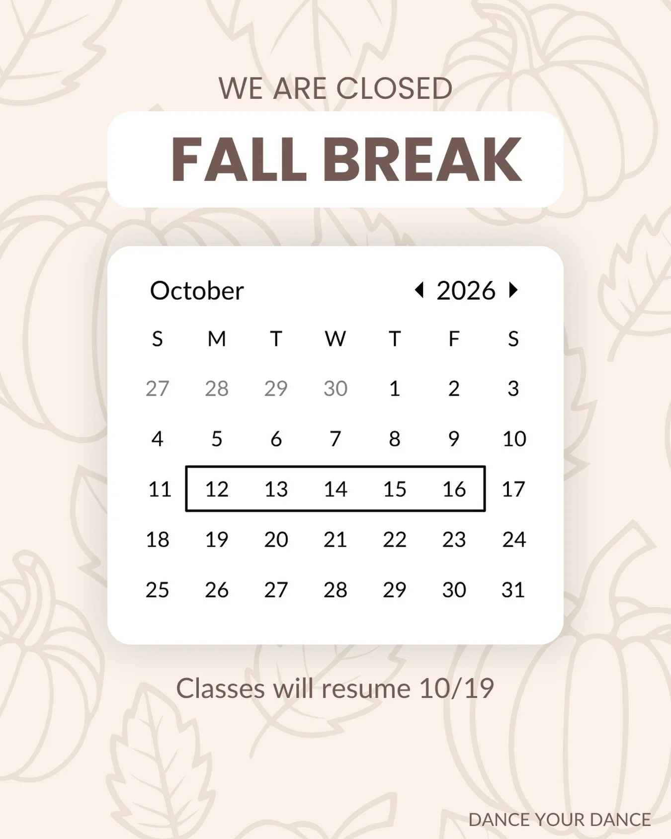 We are CLOSED this week for Fall Break! 

Have a safe &amp; relaxing week off! Be ready to jump back into the dance room 10/19! We will see you soon 🩷💚