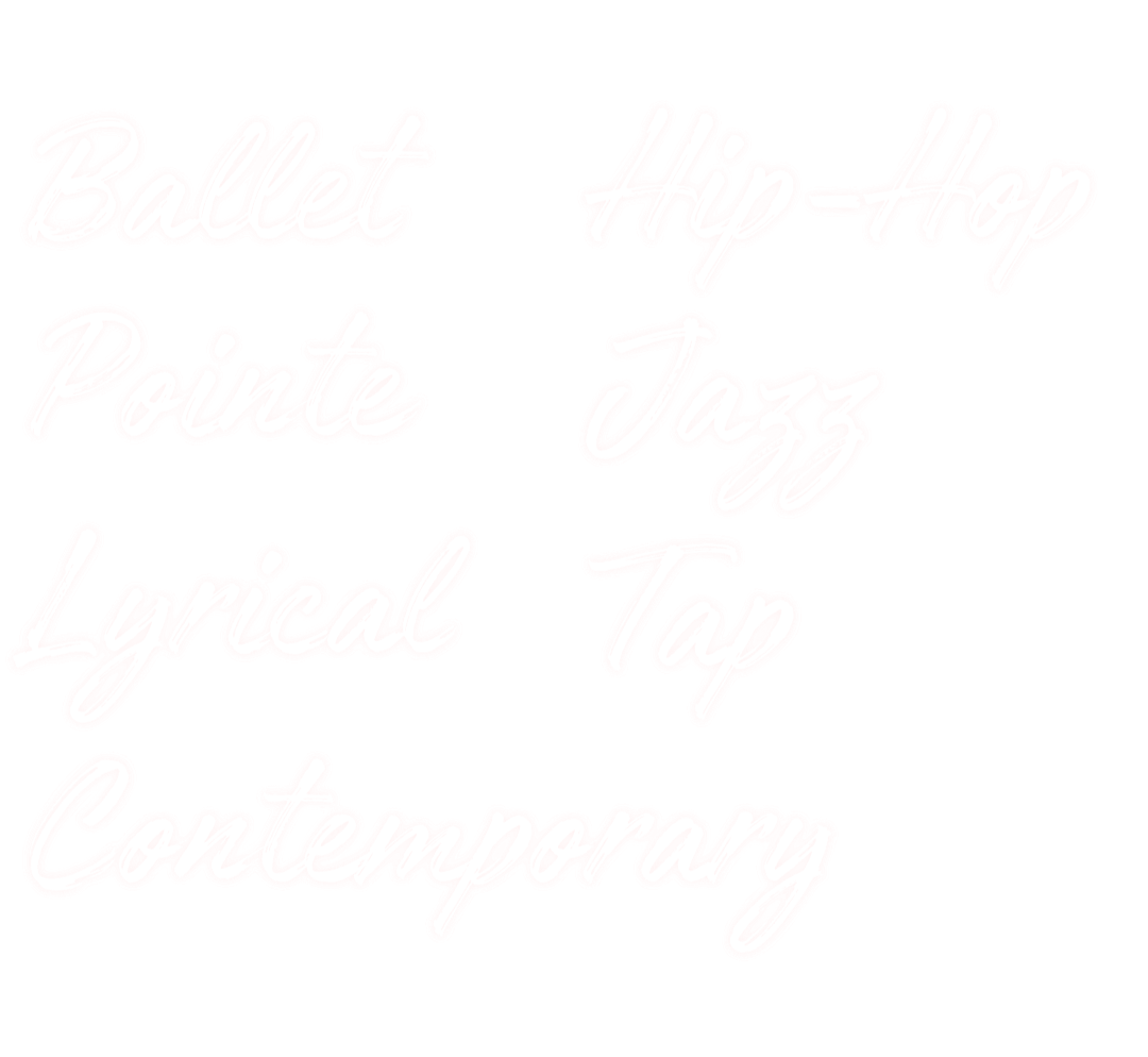 A black silhouette of a person's head with a speech bubble containing a list of music genres written in light pink cursive font, including Ballet, Hip-Hop, Pointe, Jazz, Lyric, Tap, and Contemporary.
