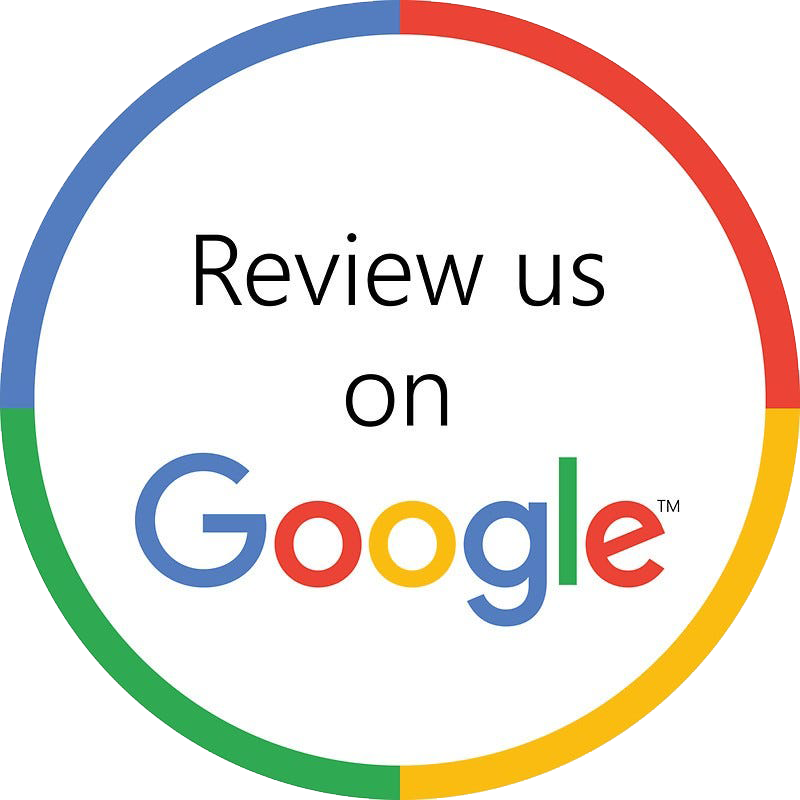 A circular badge with a multicolor border and the text 'Review us on Google' in the center.