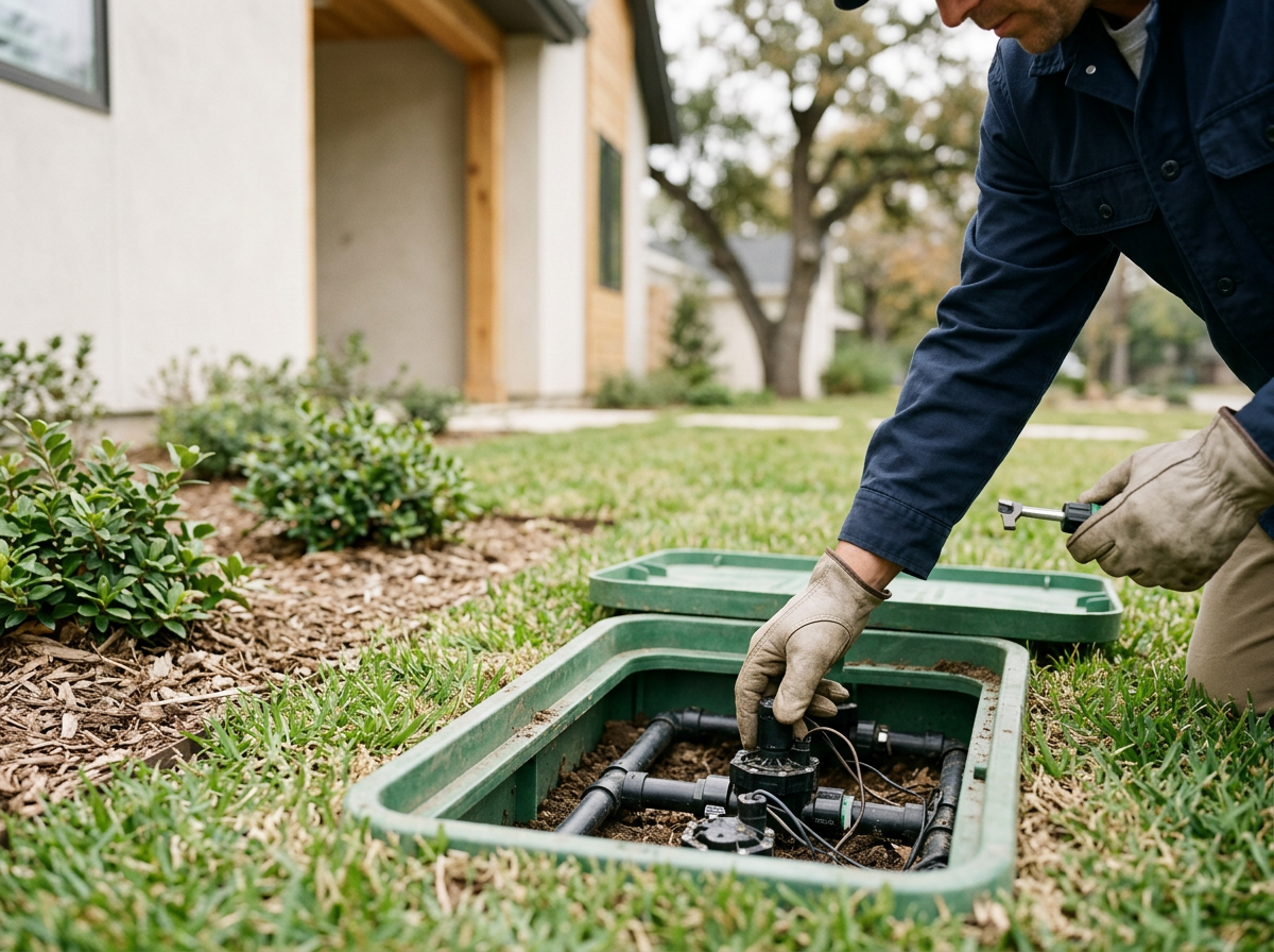A man working on a sprinkler system box outdoors near a house with green bushes and a grassy yard.