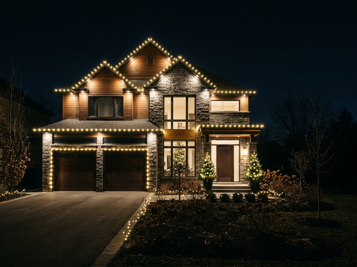 A two-story house decorated with Christmas lights at night. The house has a stone and wood exterior, lit Christmas trees in front, and string lights outlining the roof and garage.