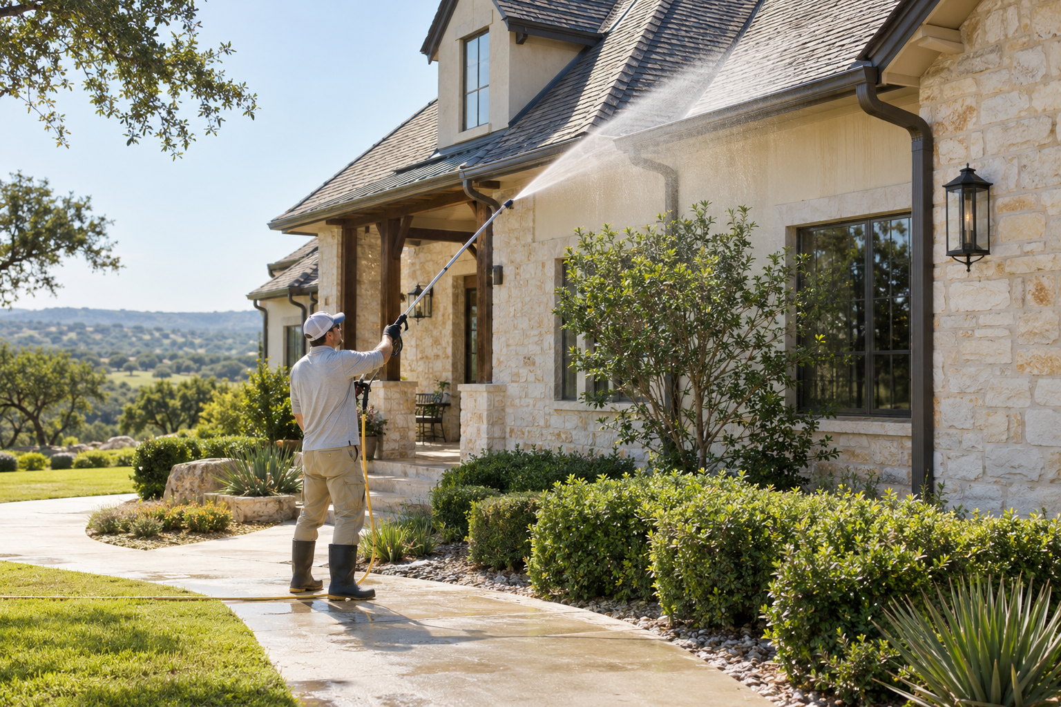 Man spraying water on the exterior wall of a house with a garden and trees in the background.