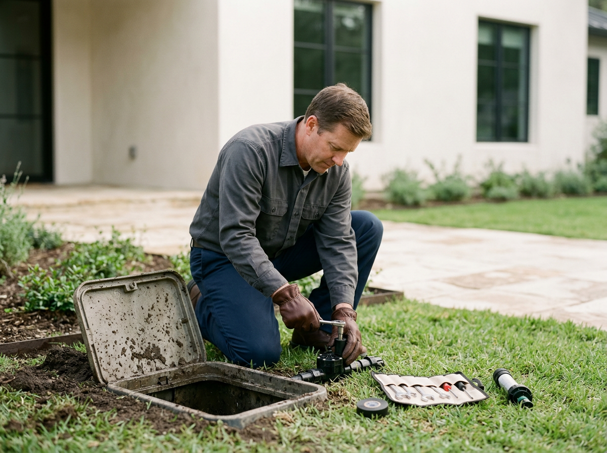 A man is kneeling outside near a house, working on an underground pipe or utility box. He is wearing gloves and using a tool, with a toolbox and various tools laid out on the grass nearby.