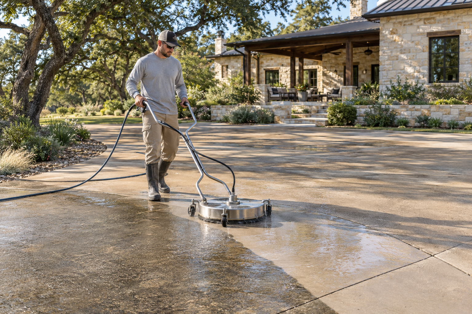 A man using a power scrubber to clean a concrete driveway in front of a house with a stone exterior and landscaping.