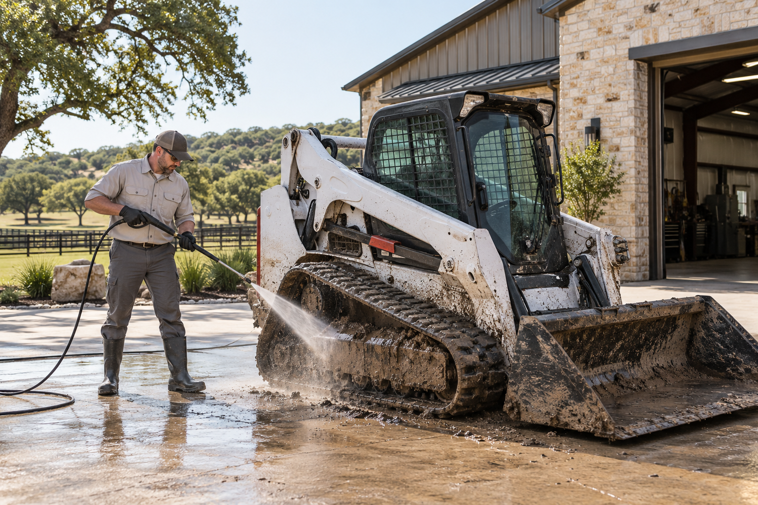 A man pressure washing a small skid steer loader outside a stone garage on a sunny day.