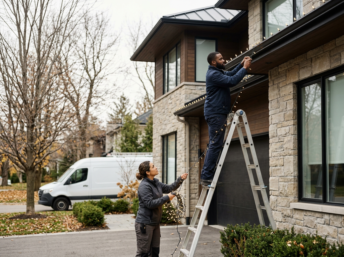 Two people decorating the exterior of a modern house with string lights, one standing on a ladder and the other holding the lights.